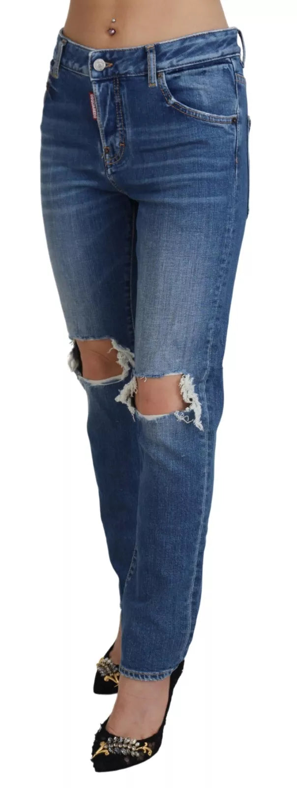 Dsquared² Cool Girl Blue Distressed Mid Waist Denim Jeans by Dsquared²