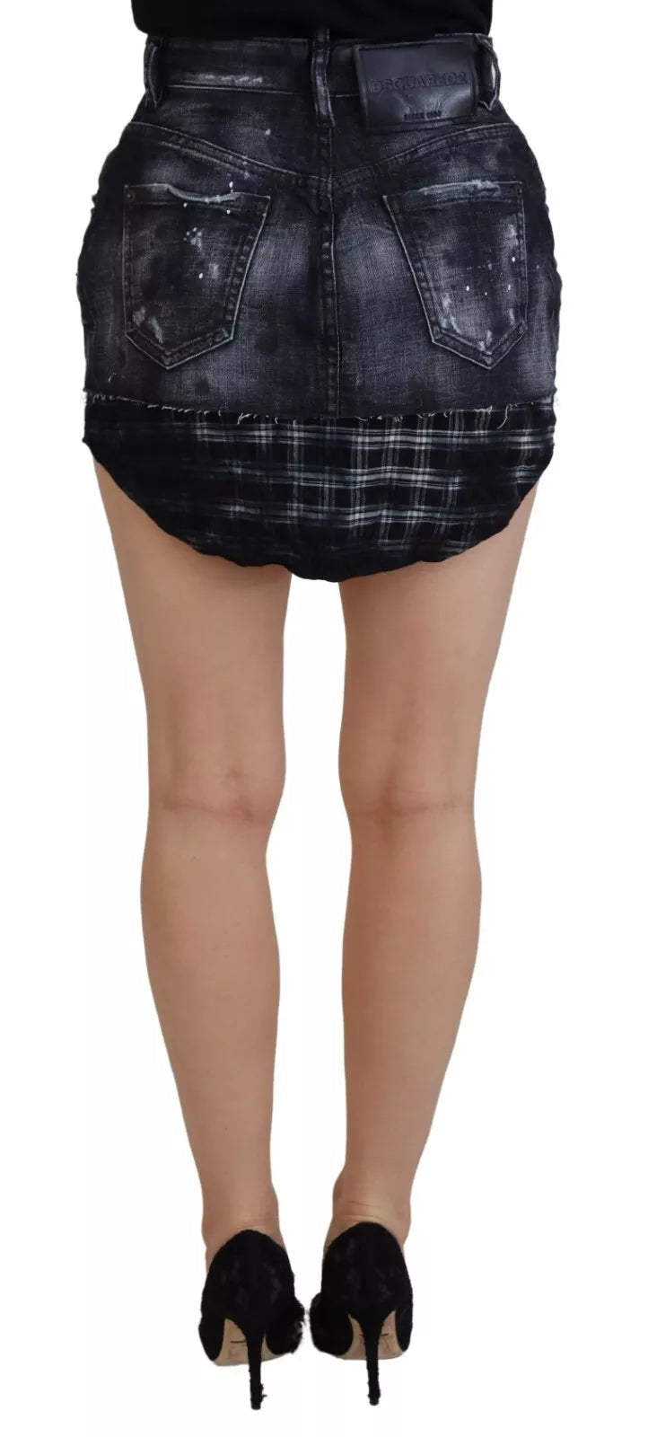 Mini-jupe trapèze taille haute en jean noir à carreaux Dsquared²