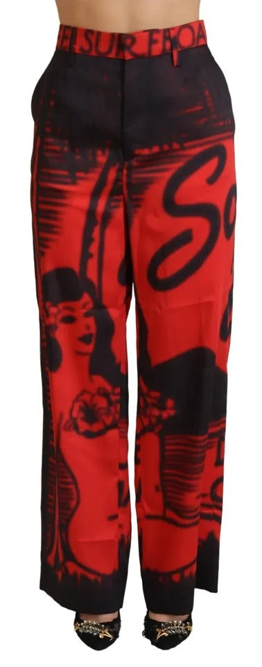 Dsquared² Red Printed High Waist Straight Pants by Dsquared²