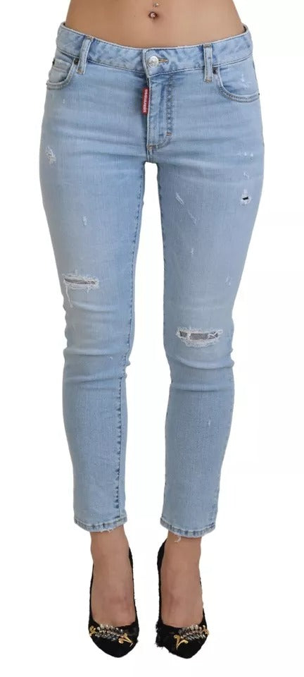 Dsquared² Blue Tattered Mid Waist Cropped Twiggy Denim Jeans by Dsquared²