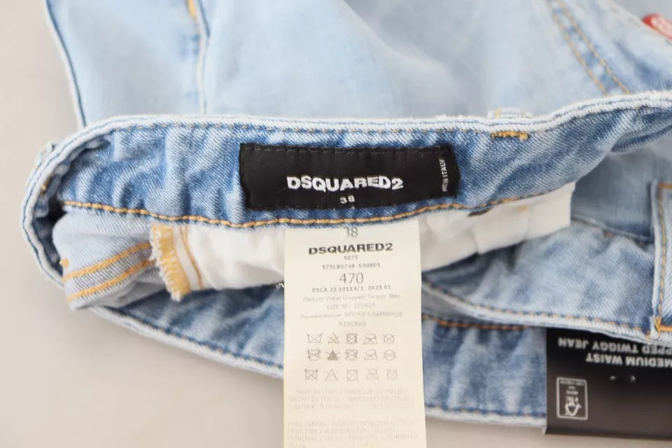 Dsquared² Blue Tattered Mid Waist Cropped Twiggy Denim Jeans by Dsquared²