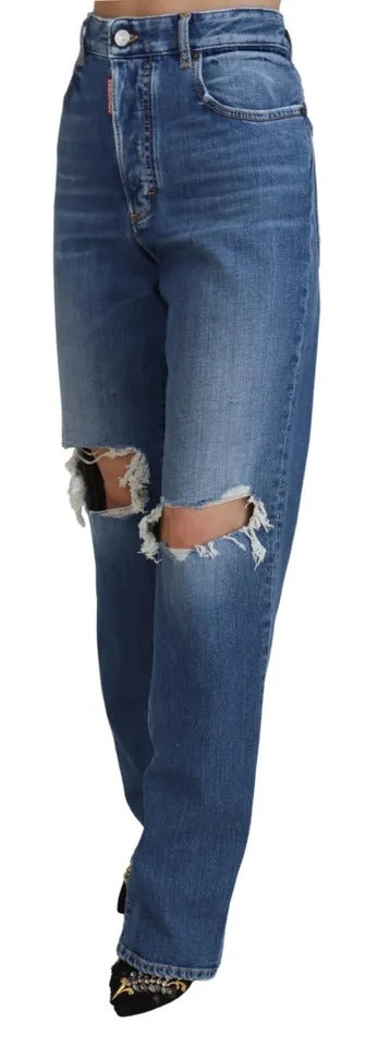 Dsquared² Blue Distressed High Waist Straight Denim Jeans by Dsquared²