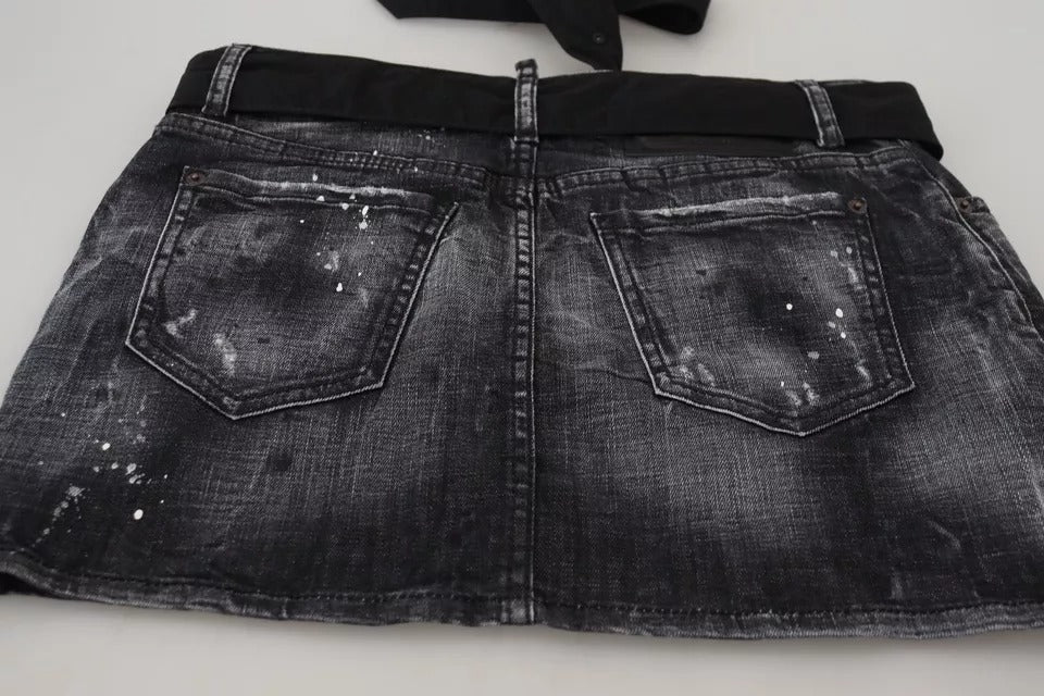 Mini-jupe trapèze taille mi-haute en jean noir effet vieilli Dsquared²