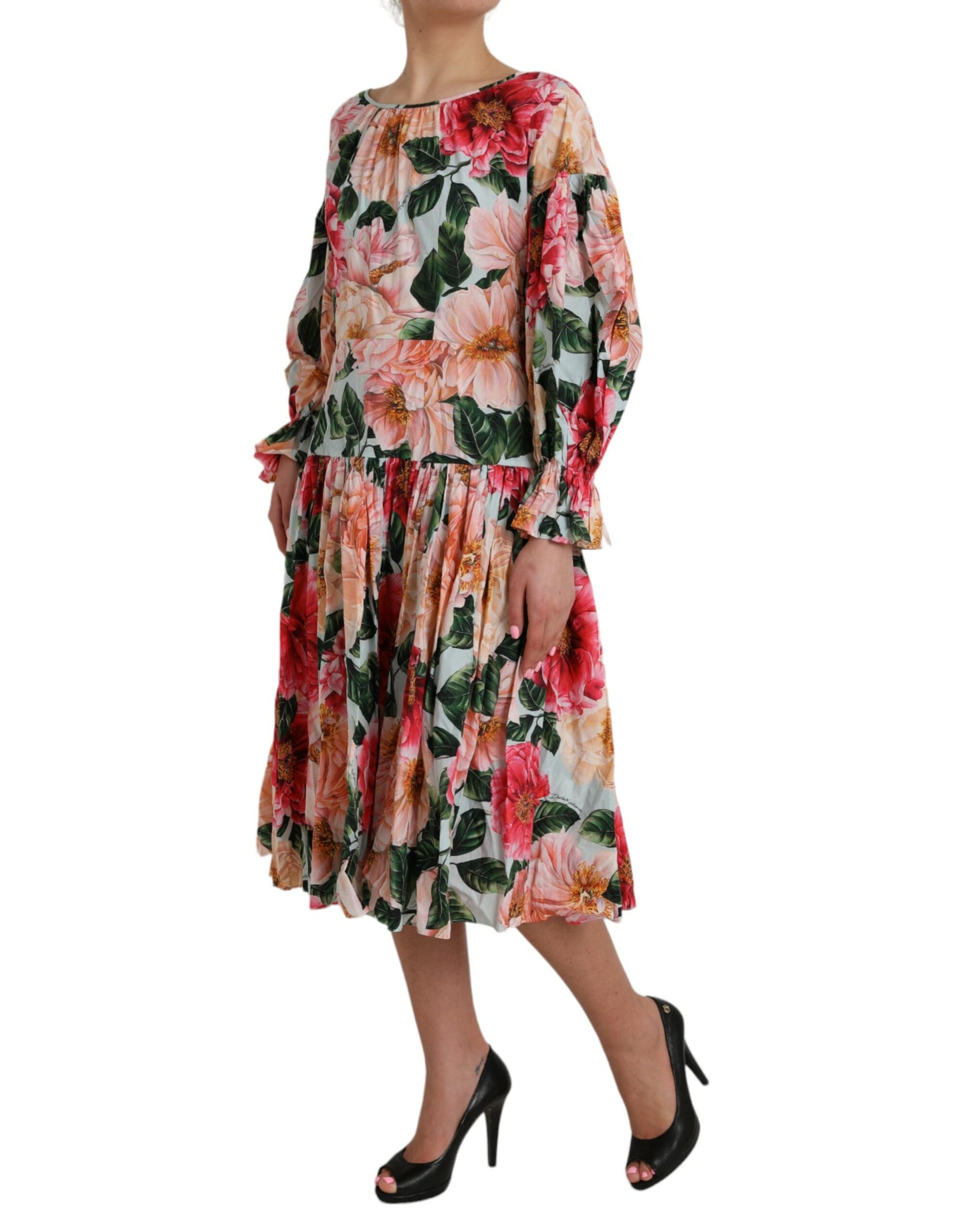 Dolce & Gabbana Multicolor Floral CottonAline Pleated Dress by Dolce & Gabbana