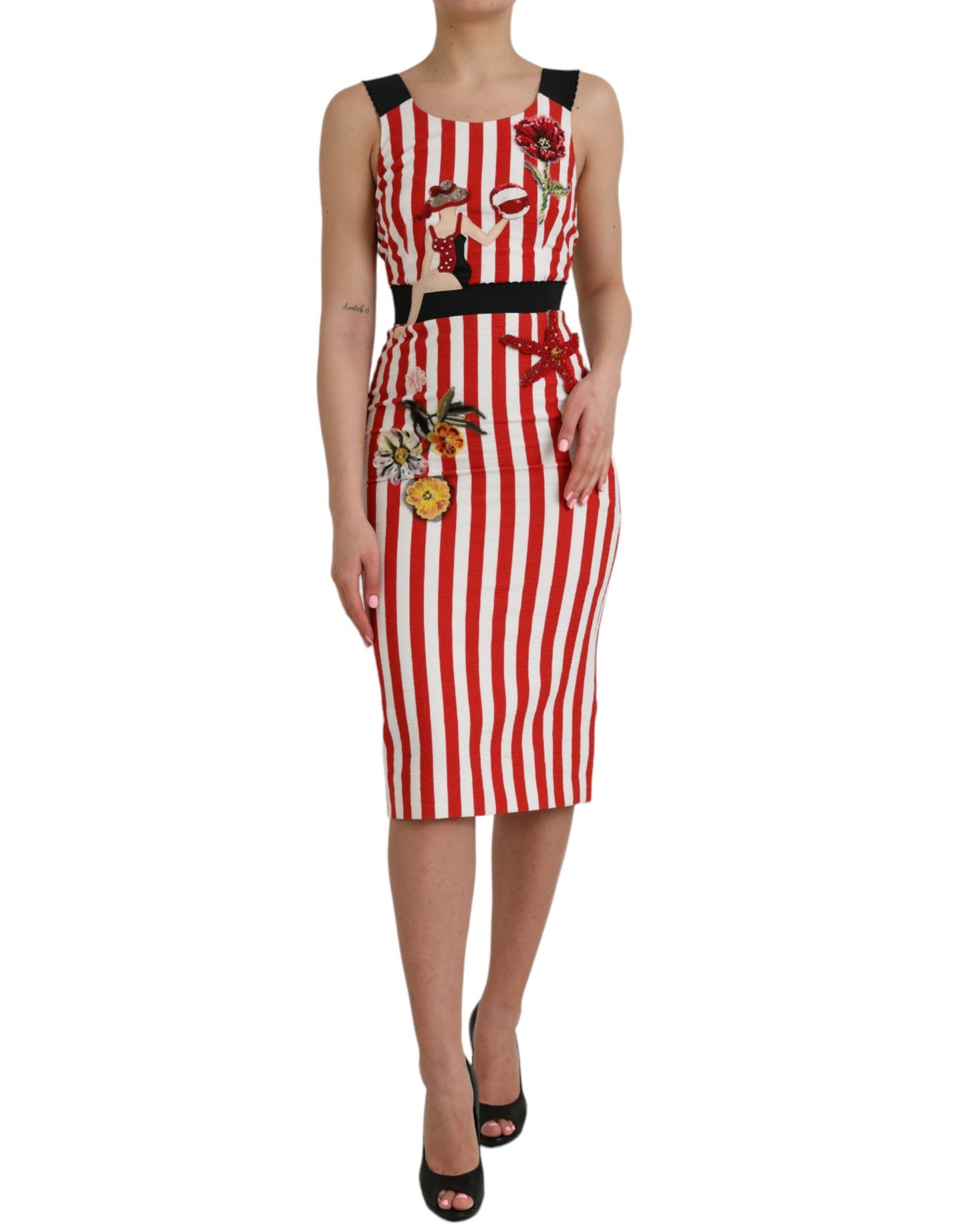 Dolce & Gabbana Red White Floral Sleeveless Sheath Midi Dress by Dolce & Gabbana