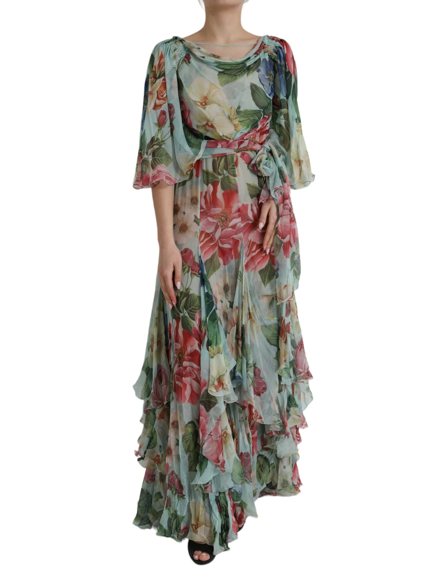Dolce & Gabbana Blue Floral Print Tiered Long Maxi Dress by Dolce & Gabbana