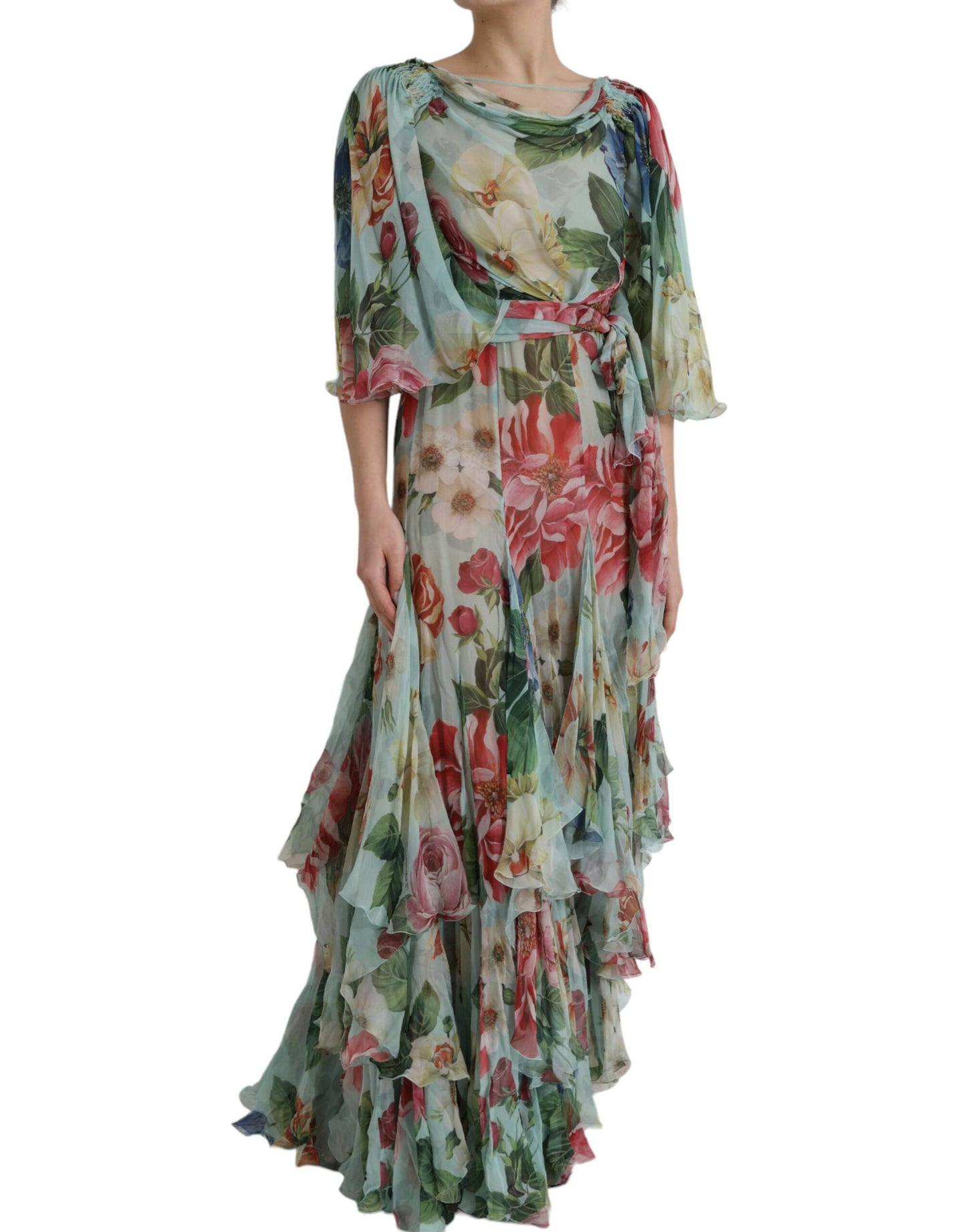Dolce & Gabbana Blue Floral Print Tiered Long Maxi Dress by Dolce & Gabbana