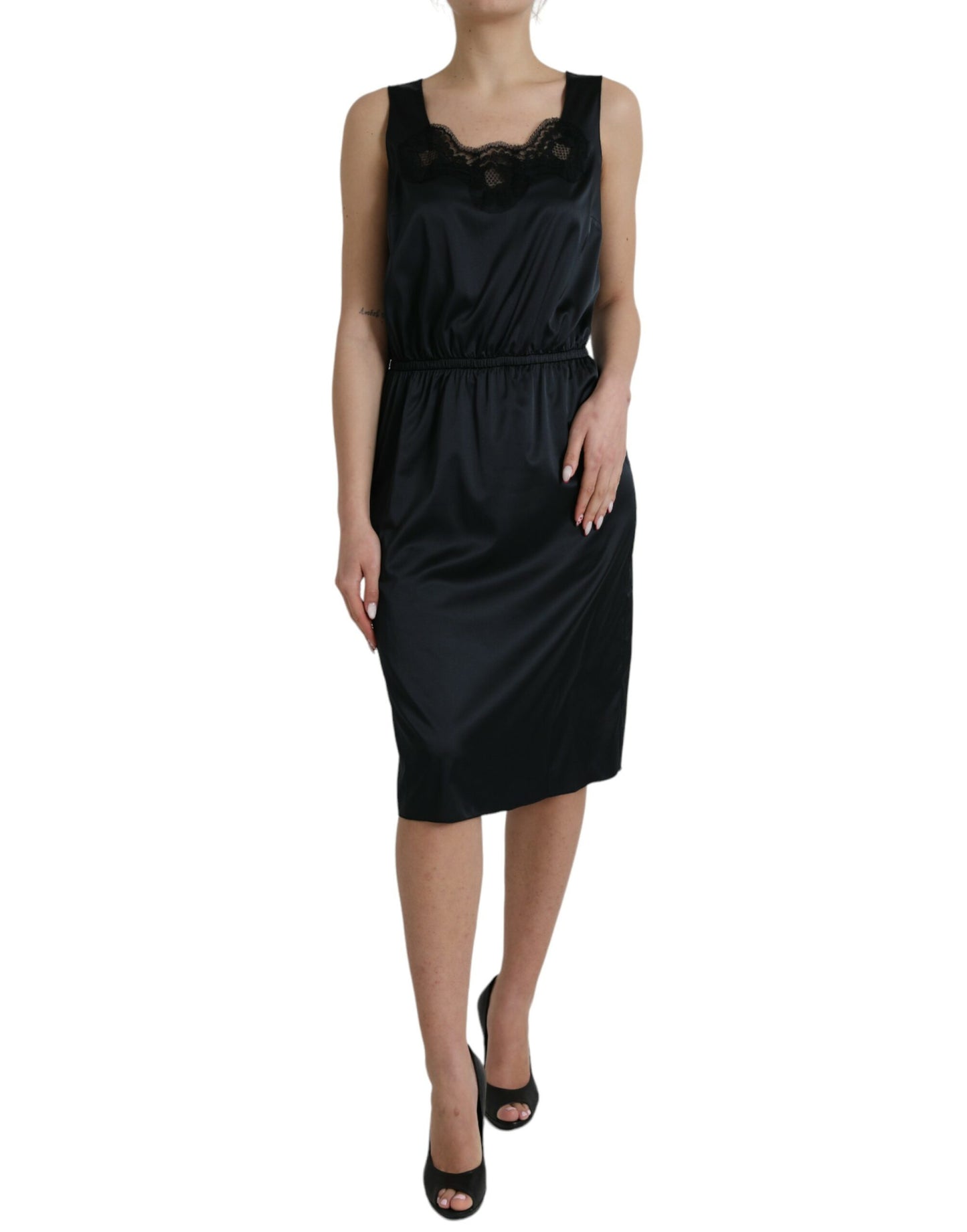 Dolce & Gabbana Black Polyester Lace Trim Sheath Midi Dress by Dolce & Gabbana