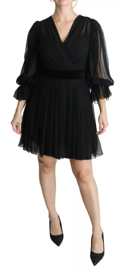 Dolce & Gabbana Black Mesh Pleated Mini Silk Blend Dress by Dolce & Gabbana