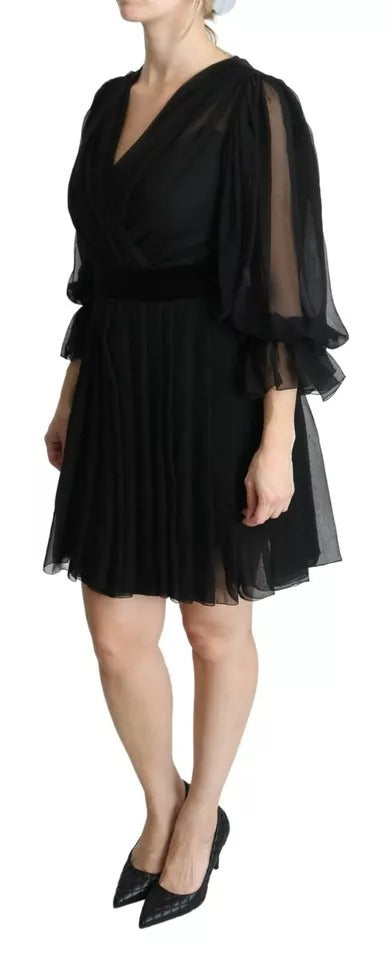 Dolce & Gabbana Black Mesh Pleated Mini Silk Blend Dress by Dolce & Gabbana