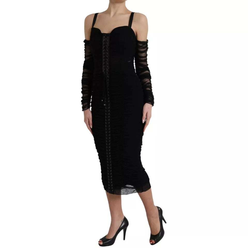 Dolce & Gabbana Black Cold Shoulder Stretch Tulle Midi Dress by Dolce & Gabbana