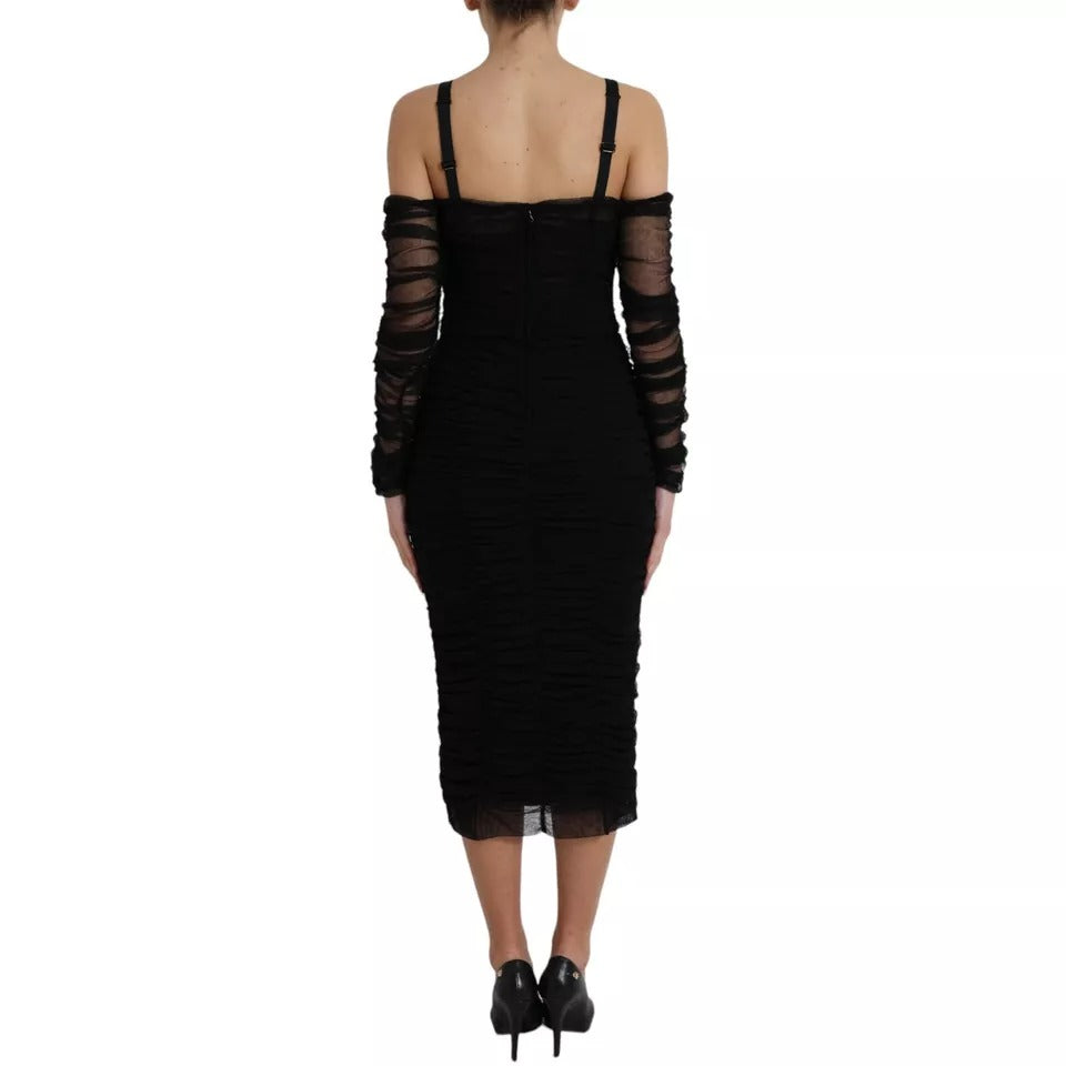 Dolce & Gabbana Black Cold Shoulder Stretch Tulle Midi Dress by Dolce & Gabbana