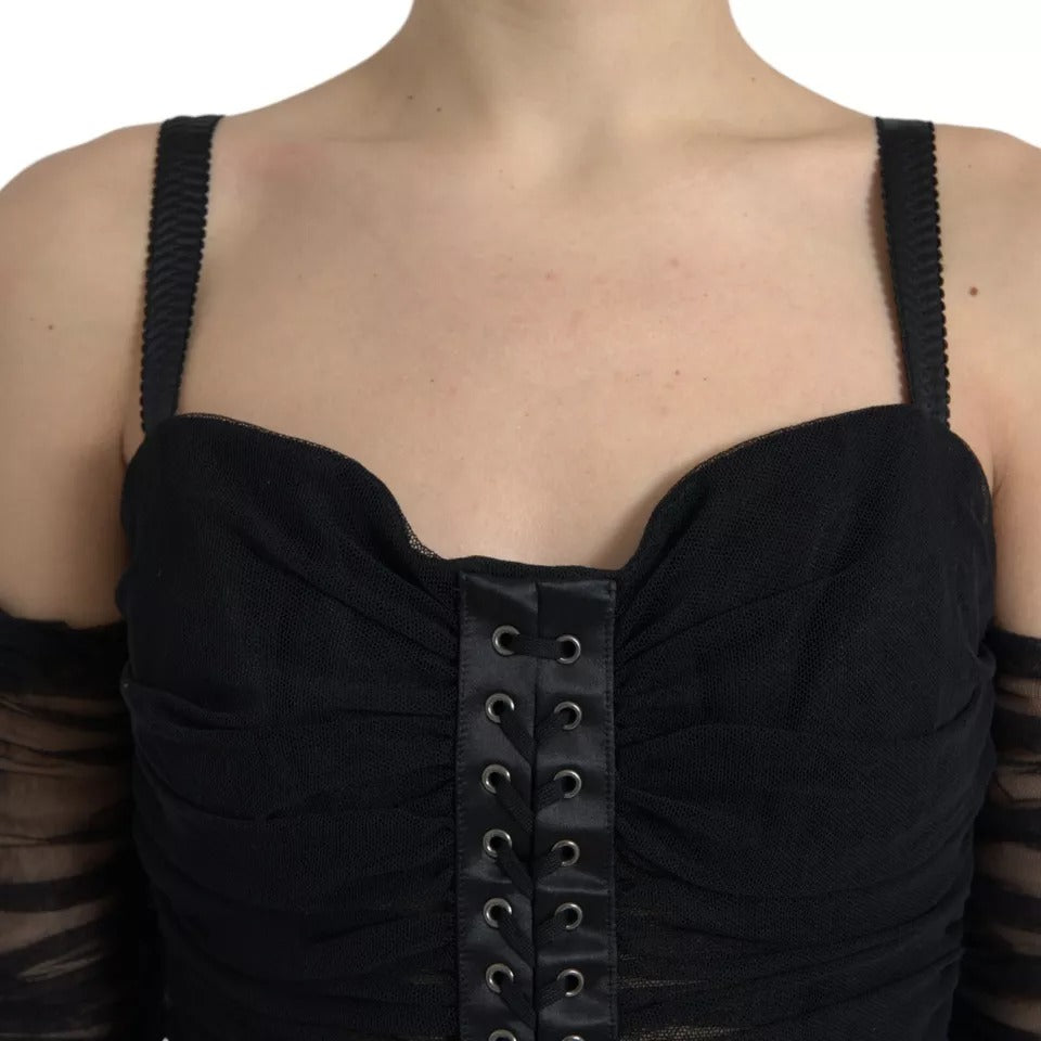 Dolce & Gabbana Black Cold Shoulder Stretch Tulle Midi Dress by Dolce & Gabbana