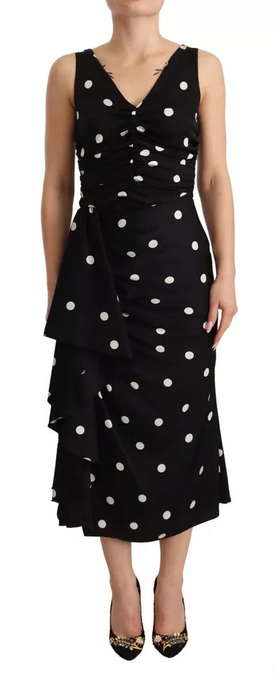 Dolce & Gabbana Black Silk Polka Dots V-neck Sheath Midi Dress by Dolce & Gabbana