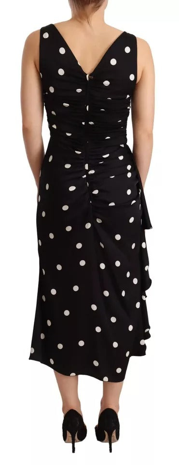 Dolce & Gabbana Black Silk Polka Dots V-neck Sheath Midi Dress by Dolce & Gabbana