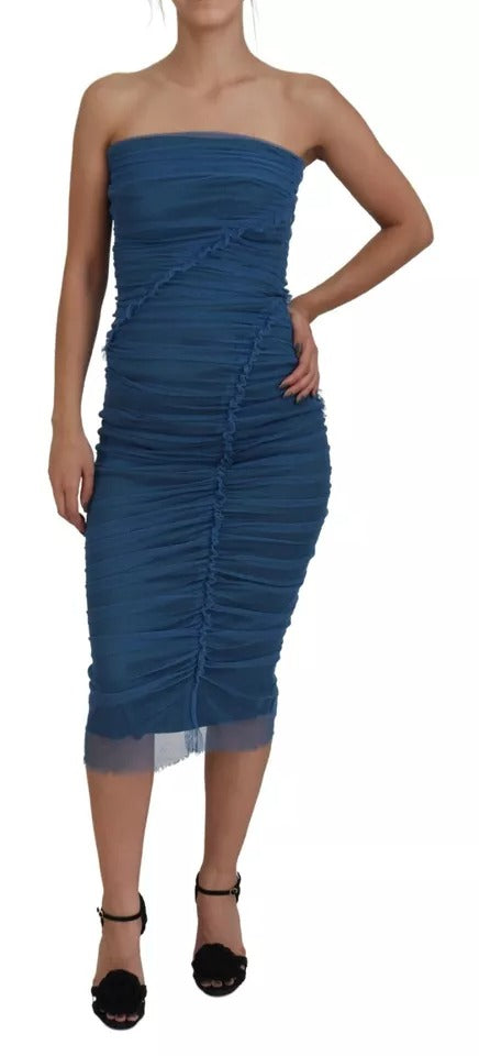 Dolce & Gabbana Blue Mesh Trim Ruched Tulle Sheath Dress by Dolce & Gabbana