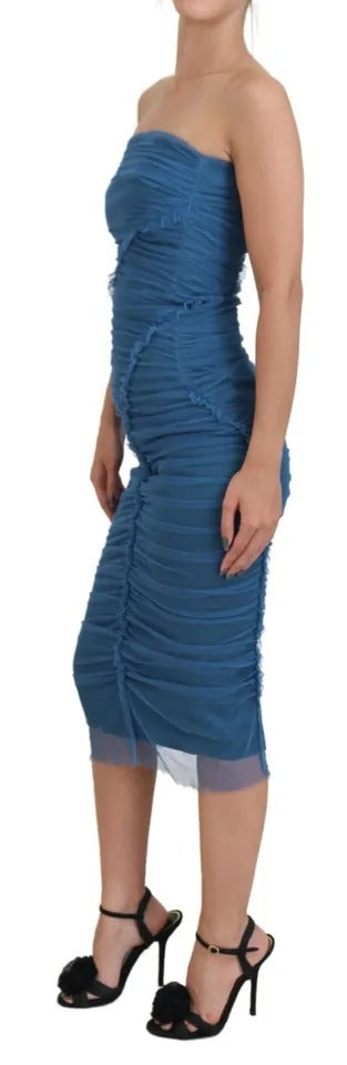 Dolce & Gabbana Blue Mesh Trim Ruched Tulle Sheath Dress by Dolce & Gabbana