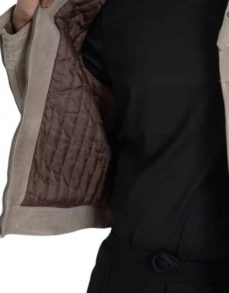 Dolce & Gabbana - Veste motard en cuir beige avec fermeture éclair intégrale
