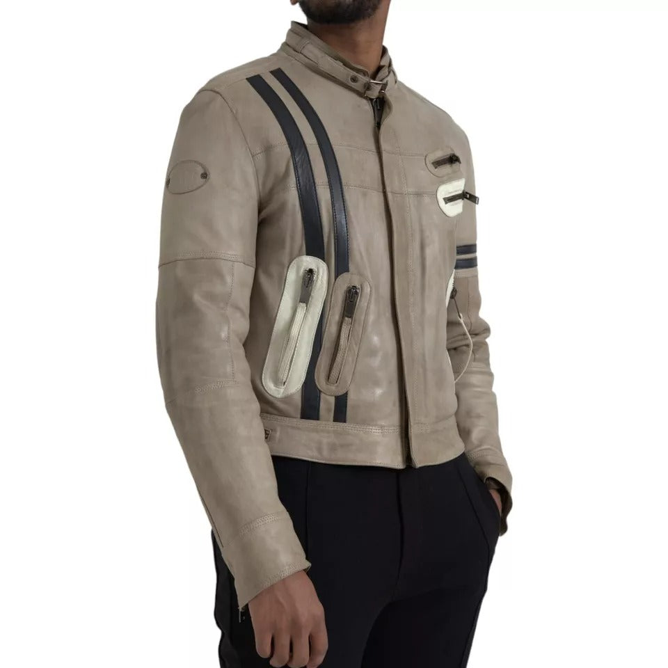 Dolce & Gabbana - Veste motard en cuir beige avec fermeture éclair intégrale