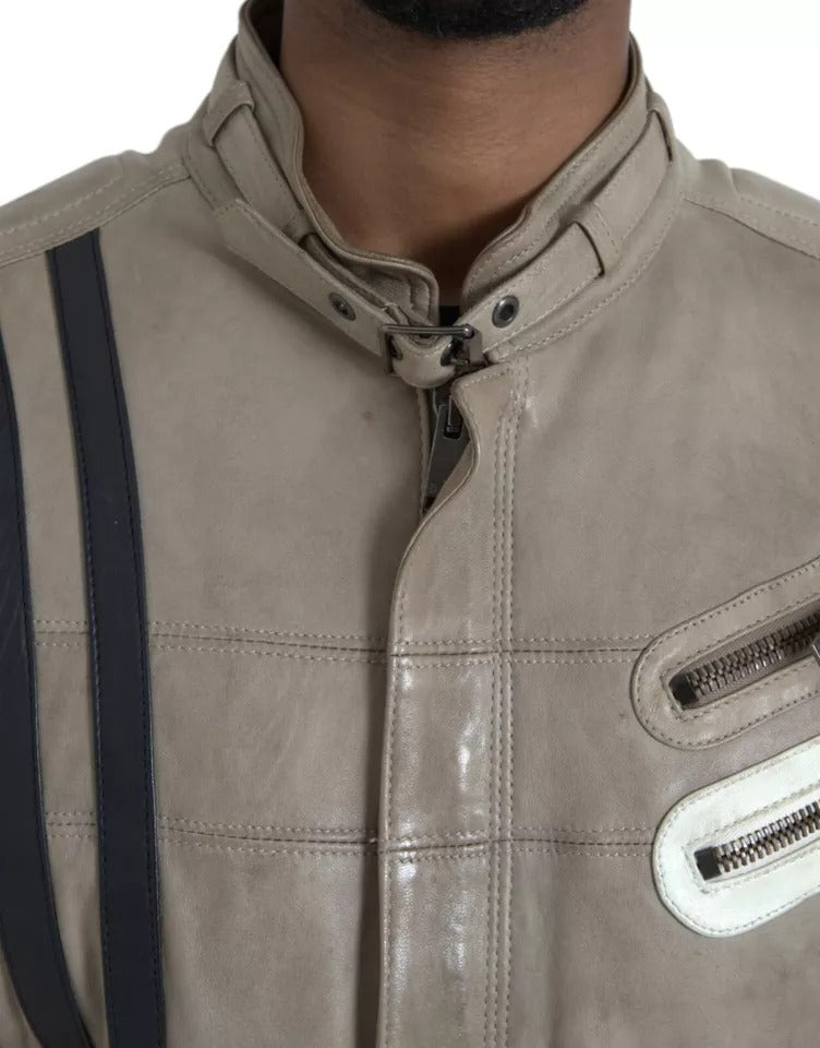Dolce & Gabbana - Veste motard en cuir beige avec fermeture éclair intégrale