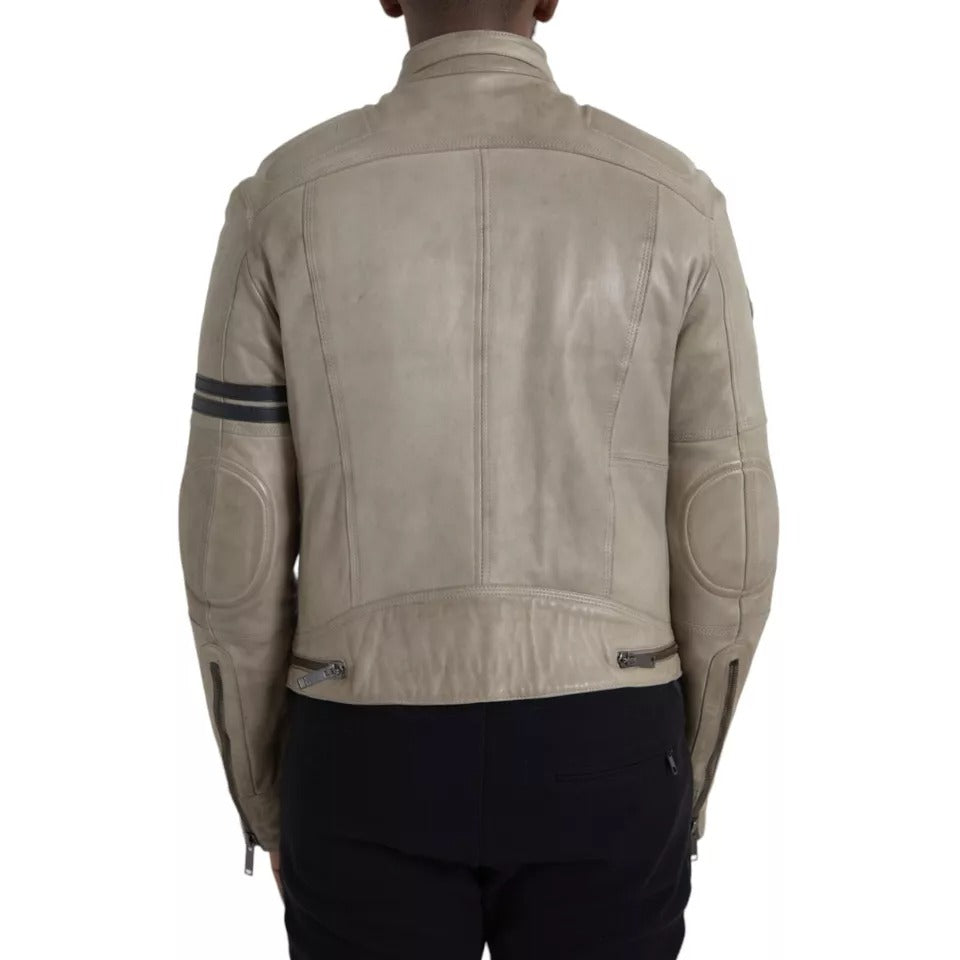 Dolce & Gabbana - Veste motard en cuir beige avec fermeture éclair intégrale