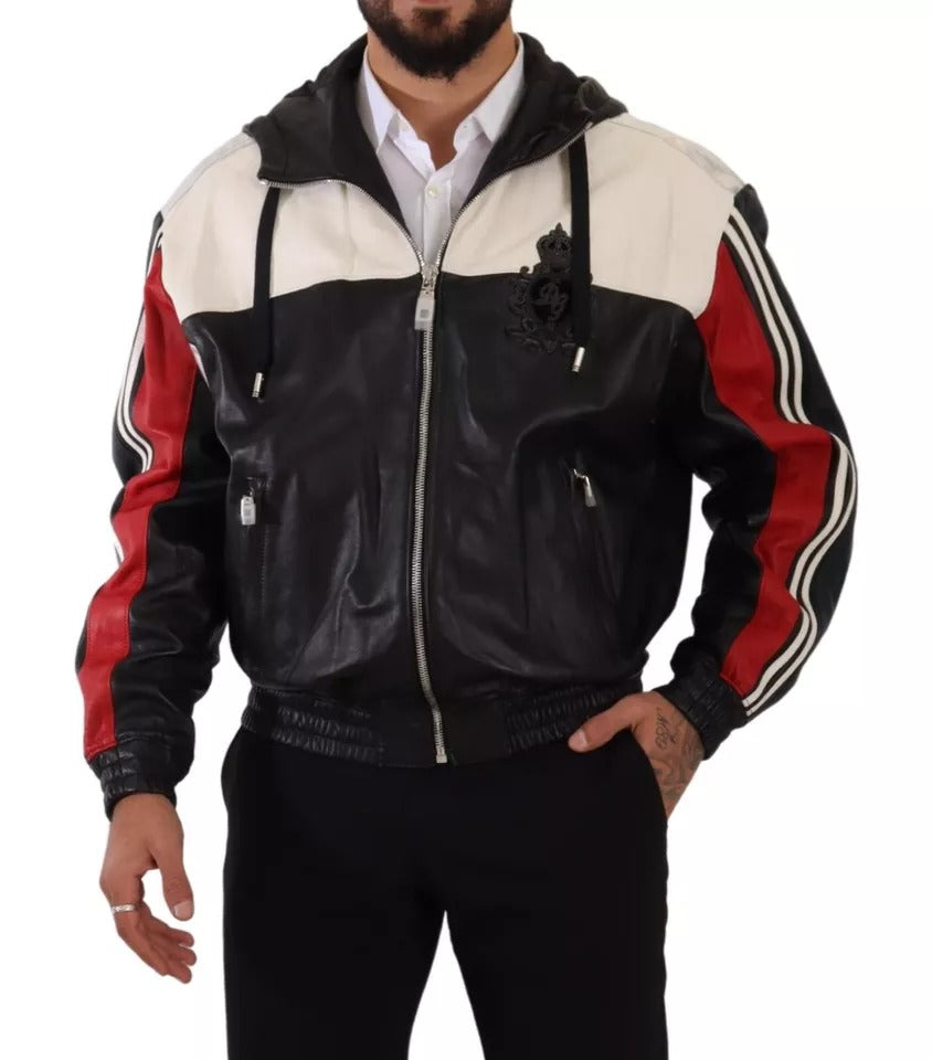 Blouson à capuche en cuir noir Dolce & Gabbana
