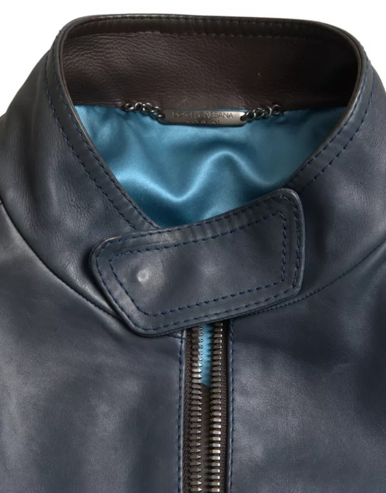 Blouson motard en cuir bleu Dolce & Gabbana entièrement zippé