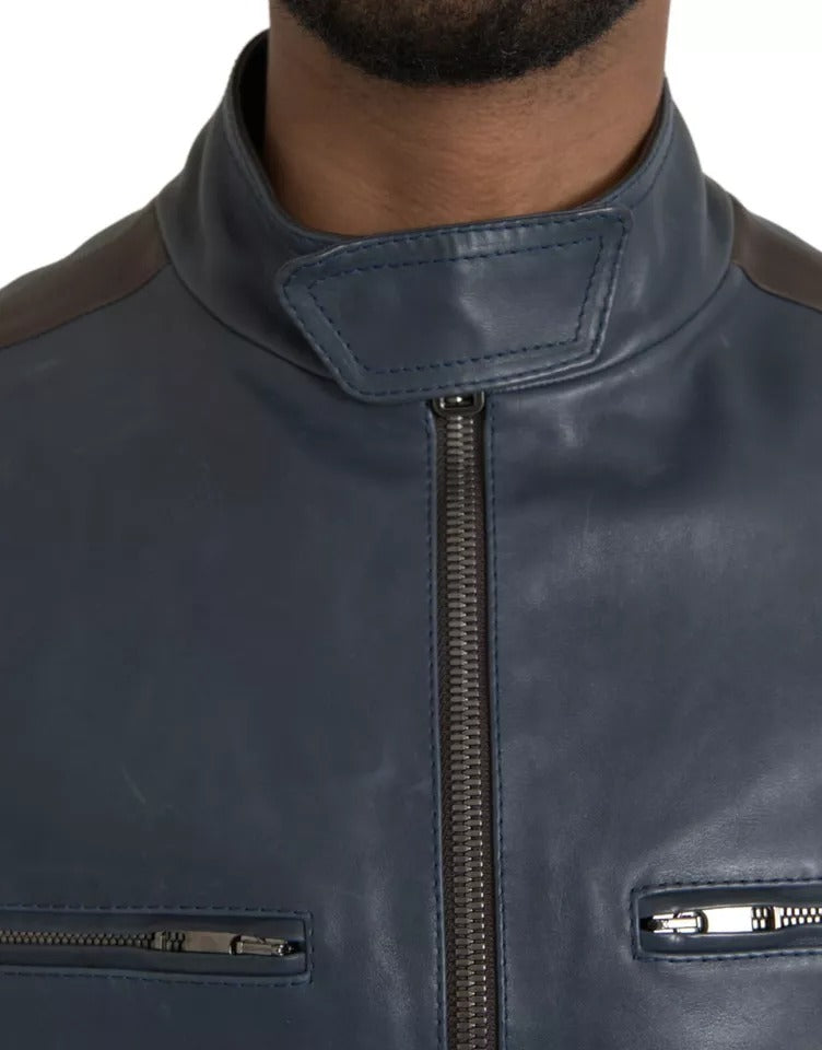Blouson motard en cuir bleu Dolce & Gabbana entièrement zippé