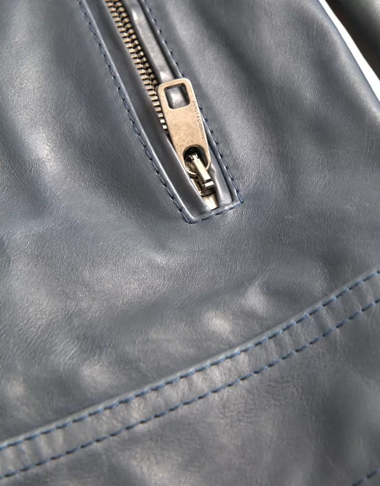 Blouson motard en cuir bleu Dolce & Gabbana entièrement zippé