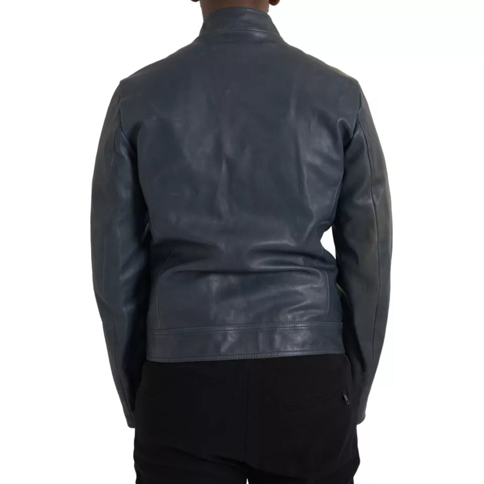 Blouson motard en cuir bleu Dolce & Gabbana entièrement zippé