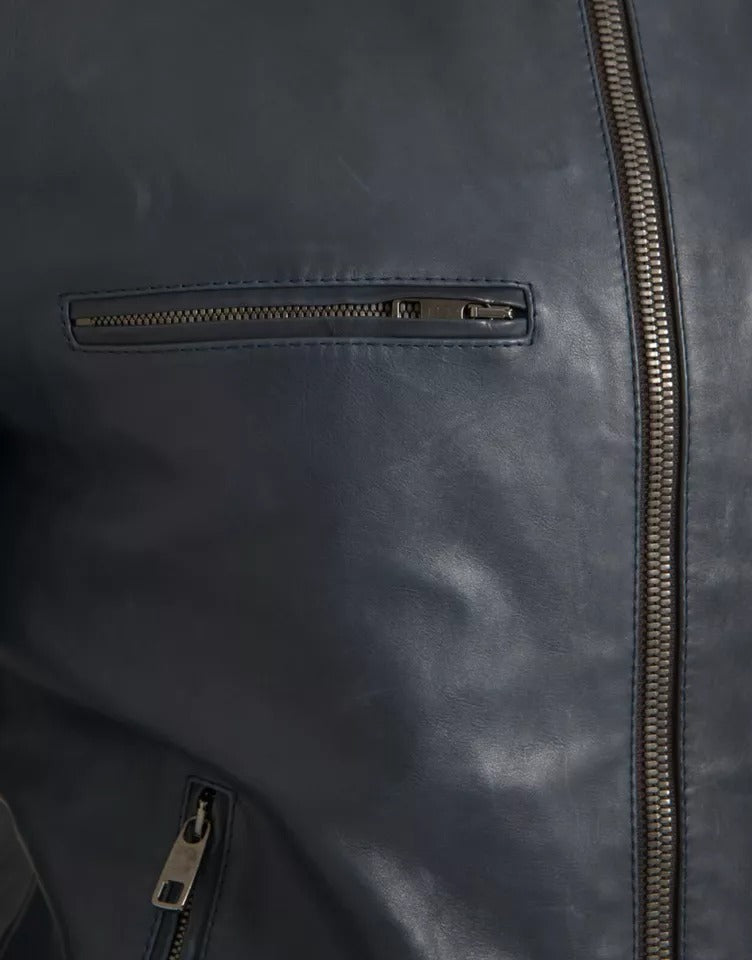 Blouson motard en cuir bleu Dolce & Gabbana entièrement zippé