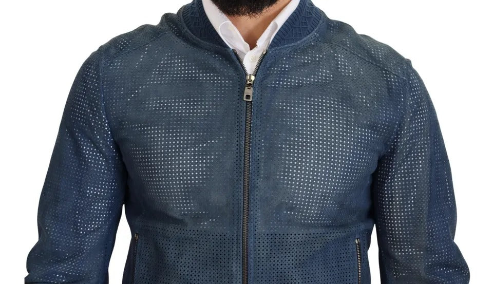 Veste zippée en cuir perforé bleu Dolce & Gabbana