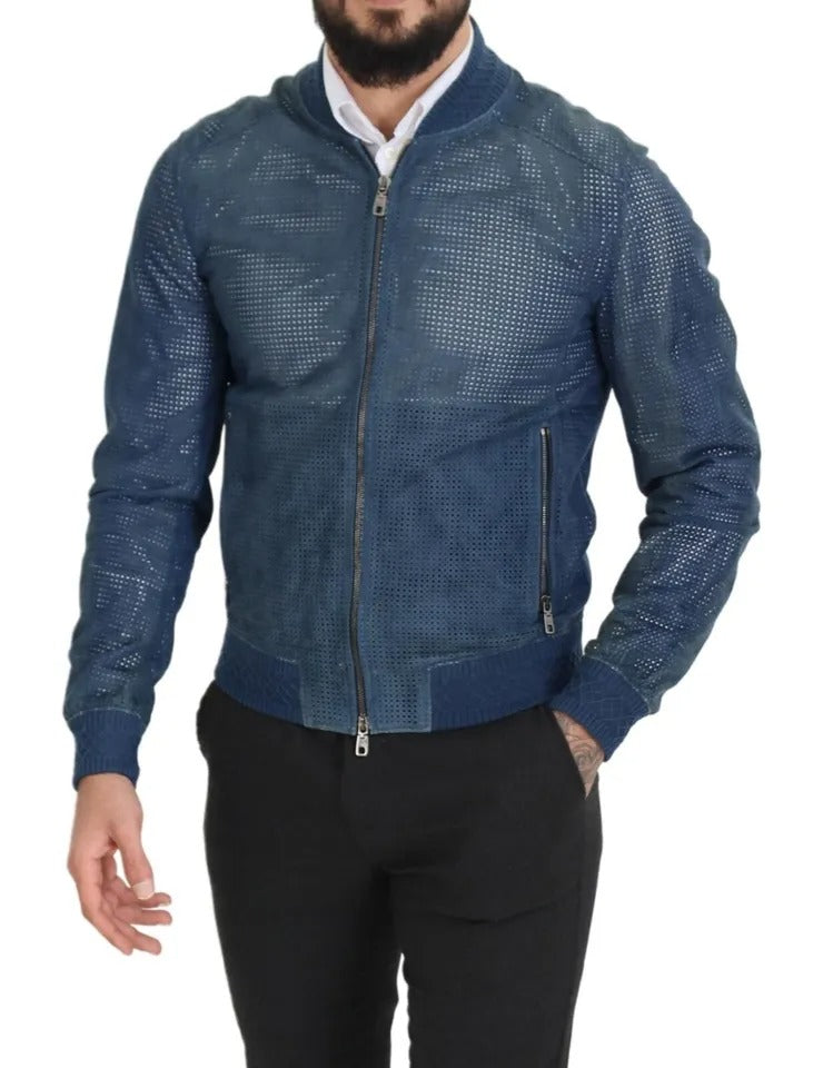 Veste zippée en cuir perforé bleu Dolce & Gabbana