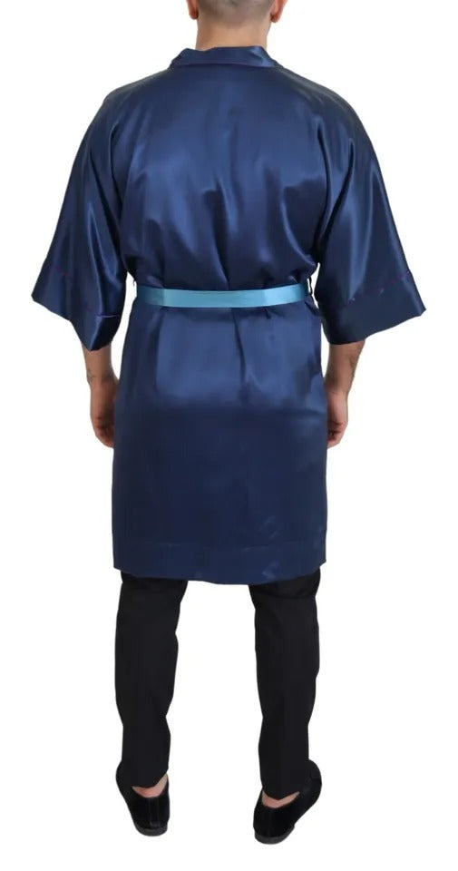Veste-robe en satin de soie bleu Dolce & Gabbana avec ceinture à la taille