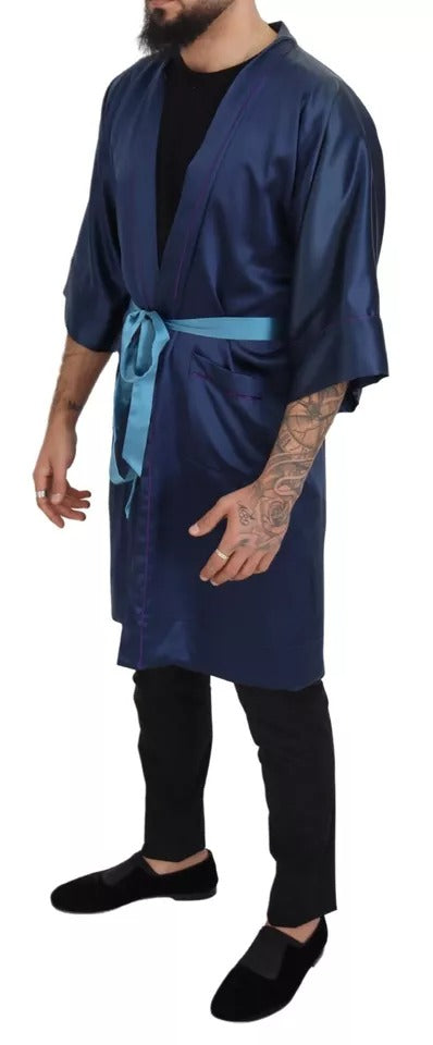 Veste-robe en satin de soie bleu Dolce & Gabbana avec ceinture à la taille