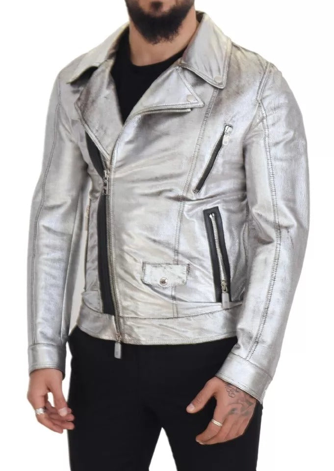 Dolce & Gabbana Manteau de motard en cuir argenté Veste en cuir d'agneau