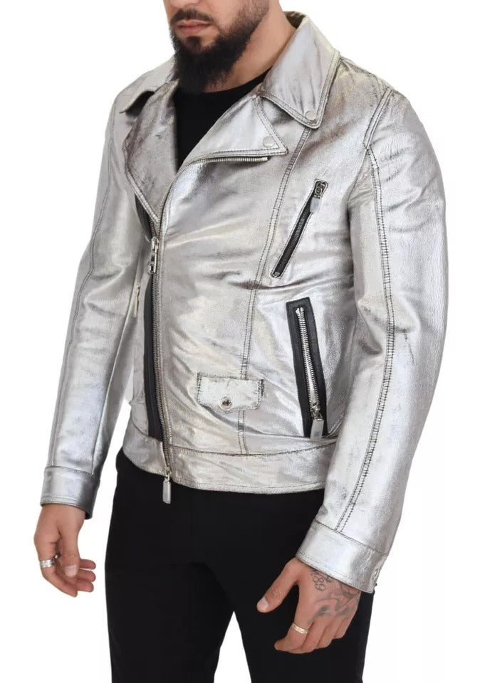 Dolce & Gabbana Manteau de motard en cuir argenté Veste en cuir d'agneau