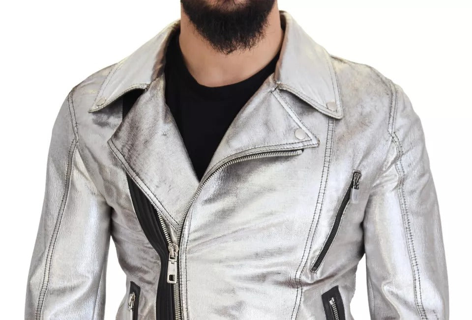 Dolce & Gabbana Manteau de motard en cuir argenté Veste en cuir d'agneau