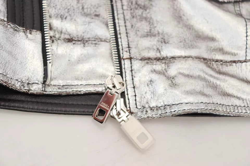 Dolce & Gabbana Manteau de motard en cuir argenté Veste en cuir d'agneau
