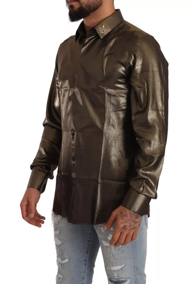 Dolce & Gabbana Metallic Gold DG Embroidered Crown Silk Top Shirt by Dolce & Gabbana