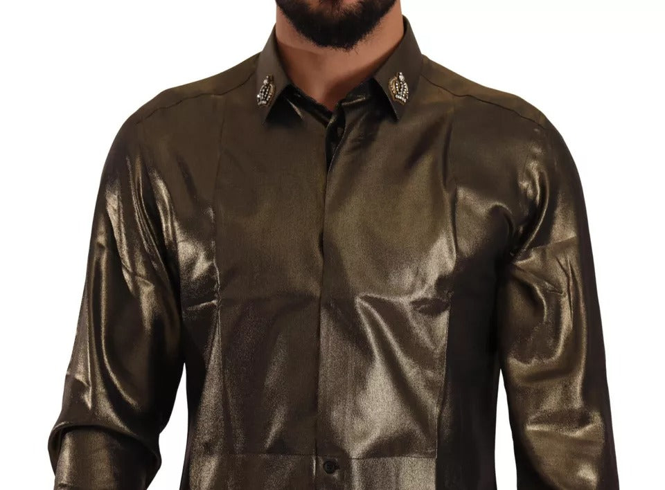Dolce & Gabbana Metallic Gold DG Embroidered Crown Silk Top Shirt by Dolce & Gabbana
