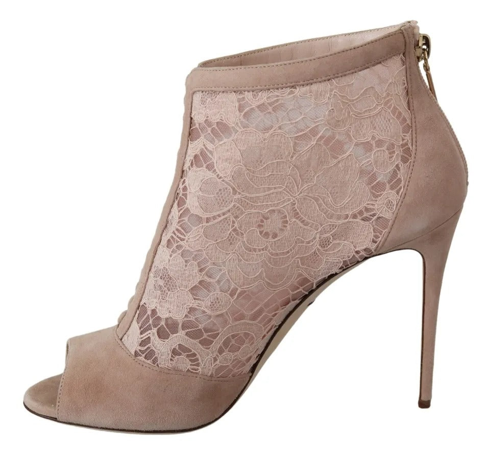Bottines à bout ouvert en daim et dentelle beige Dolce & Gabbana