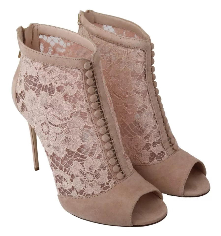Bottines à bout ouvert en daim et dentelle beige Dolce & Gabbana