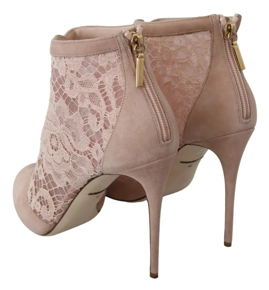 Bottines à bout ouvert en daim et dentelle beige Dolce & Gabbana