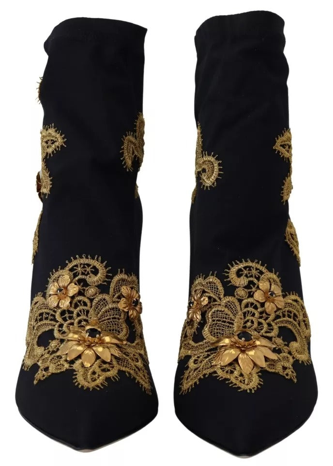 Bottines à enfiler Dolce & Gabbana noires et dorées brodées