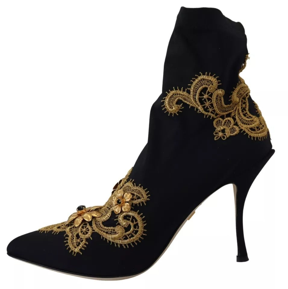 Bottines à enfiler Dolce & Gabbana noires et dorées brodées