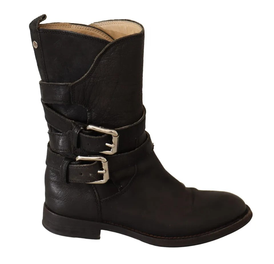 Bottes mi-mollet à boucle en cuir noir Dolce & Gabbana