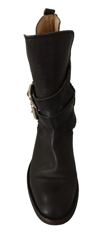 Bottes mi-mollet à boucle en cuir noir Dolce & Gabbana