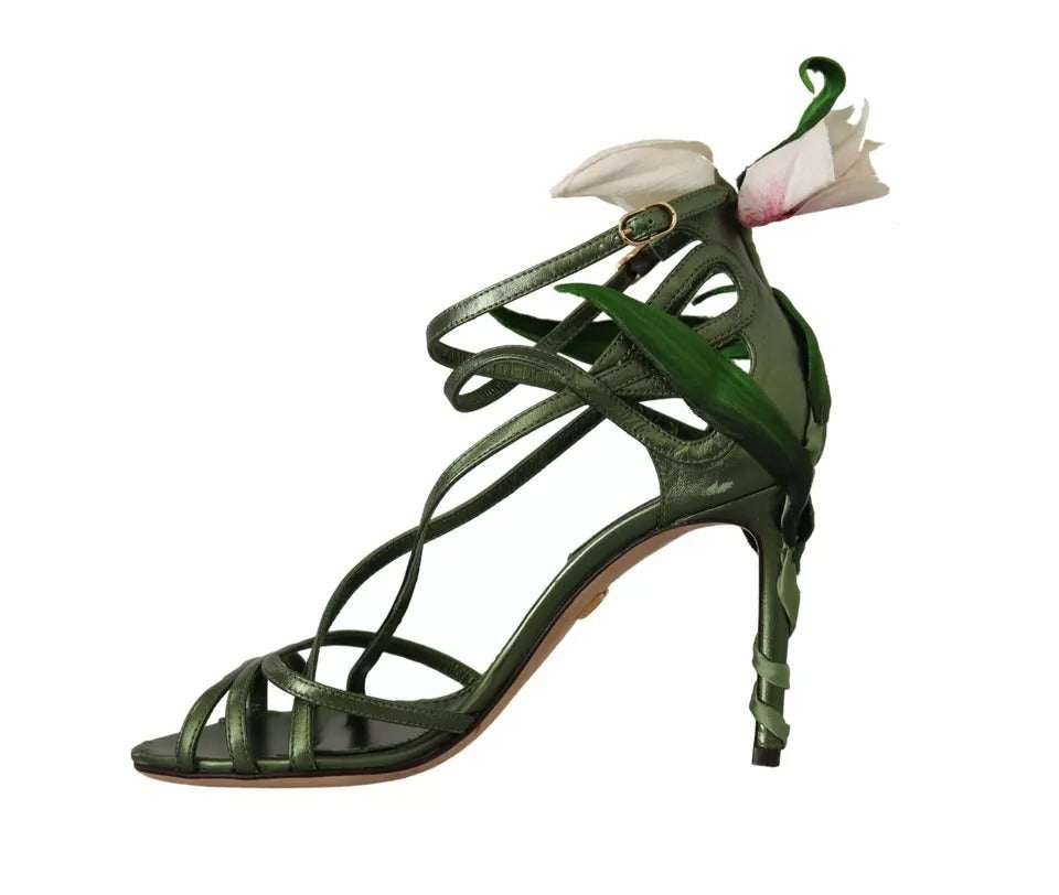 Sandales à talons et brides fleuries en cuir vert acide Dolce & Gabbana