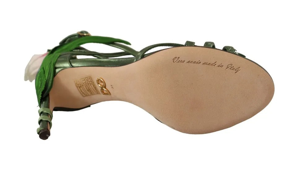 Sandales à talons et brides fleuries en cuir vert acide Dolce & Gabbana
